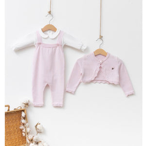 3 Piece Knit Dungarees & Cardigan Set | Pink