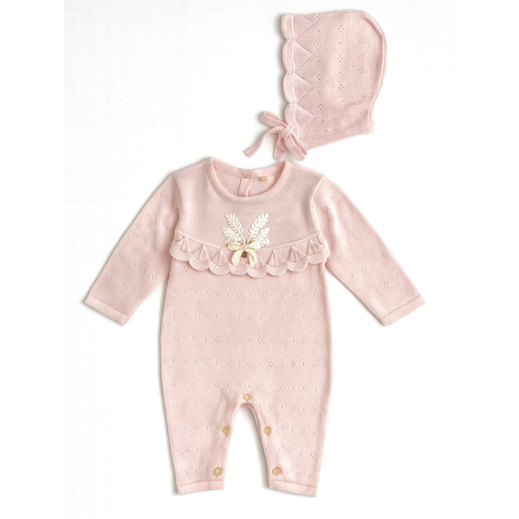 Pink Cotton Knit All in One & Bonnet Set