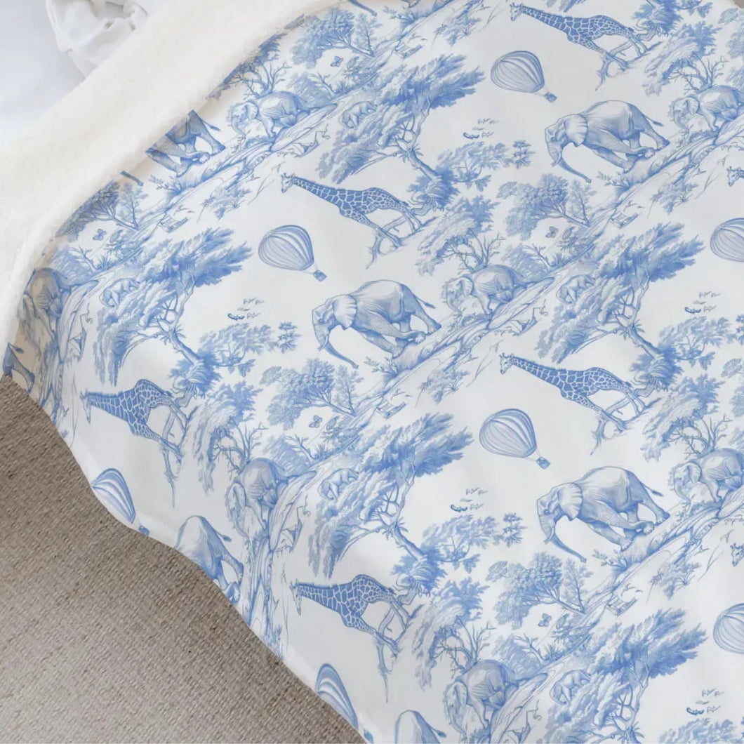 Blue Toile de Jouy Safari Baby Blanket