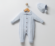 Load image into Gallery viewer, Blue Baby Knit Romper &amp; Hat Set
