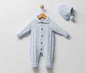 Blue Baby Knit Romper & Hat Set